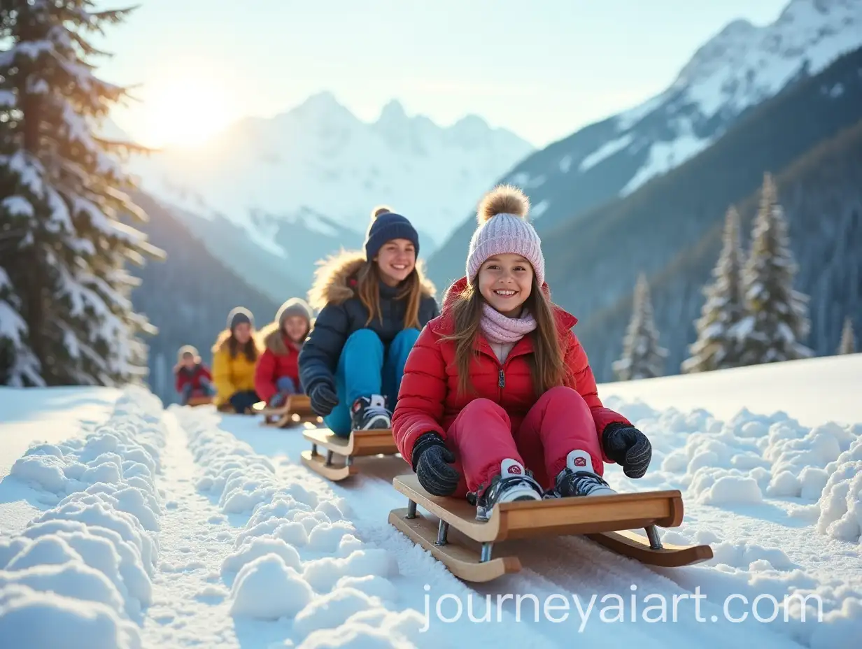 Happy-People-Sledding-in-Snowy-Forest-with-Majestic-Mountains