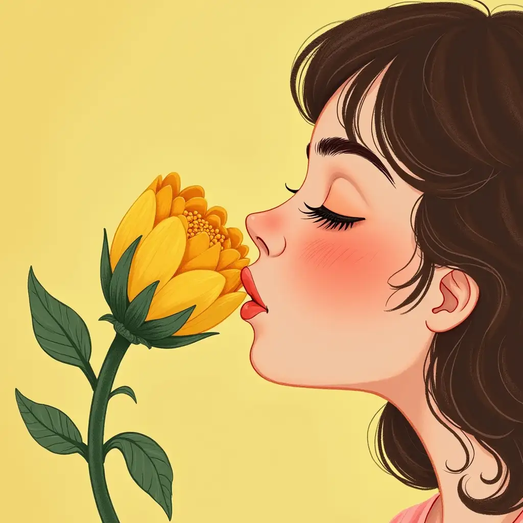 woman kissed a flower bud, the flower bud yellow yet blushing, illustrated book style, half-length, close-up