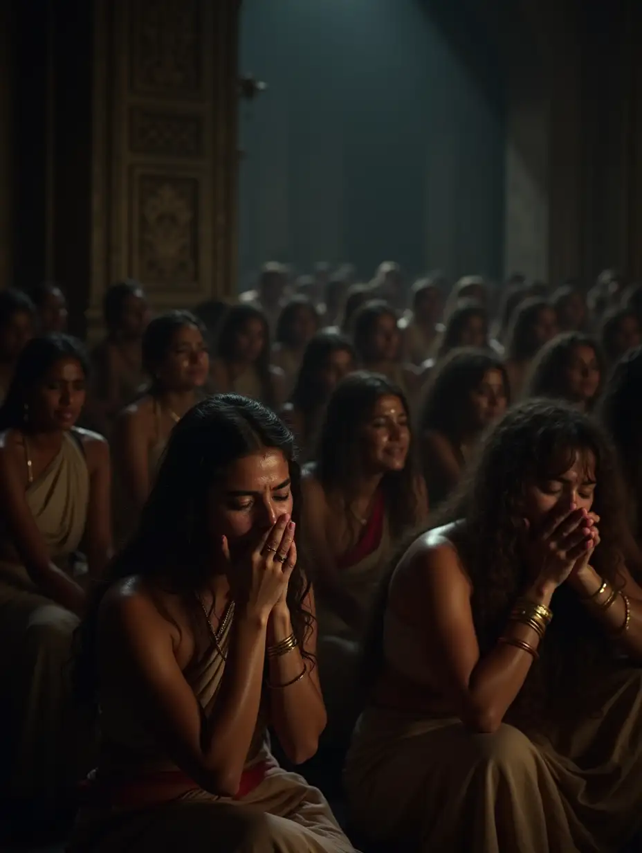 A dark and somber scene from Mahabharata, the Indian epic, set in the royal harem of a grand palace. A large number of beautiful women with open, disheveled hair cascading down their shoulders and faces streaked with tears are crying in deep sorrow. Dressed in simple saris and without any ornaments, their posture reflects profound grief—some covering their faces with their hands, others leaning against the walls, or sitting in despair. The dim, shadowed atmosphere of the palace, with its intricate carvings barely visible in the low light from flickering oil lamps, adds to the heavy, melancholic mood, intensifying the raw emotion of the beautiful women’s sorrow and loss