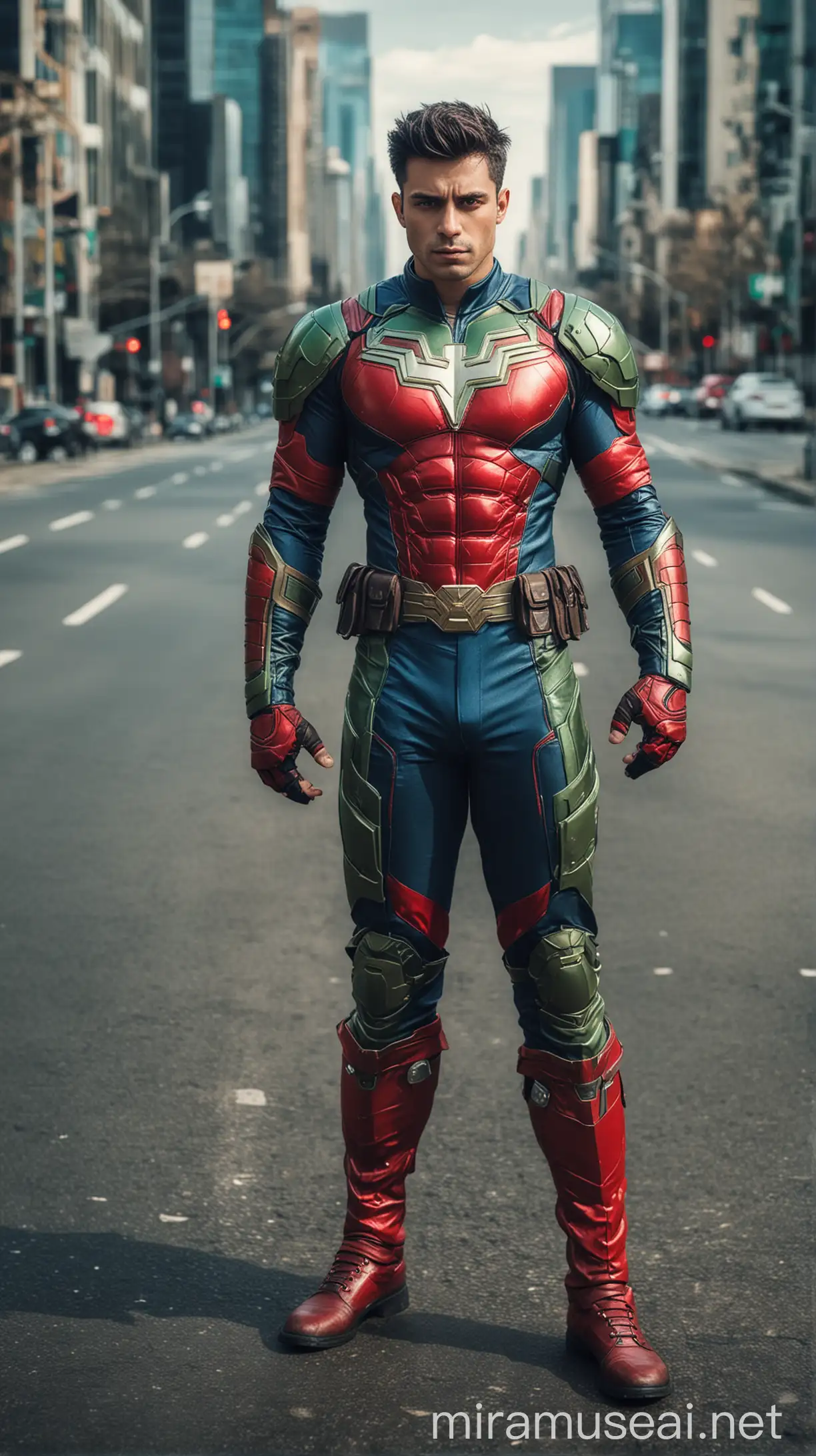 Superhero Man in Red and Green Suit on City Roadway