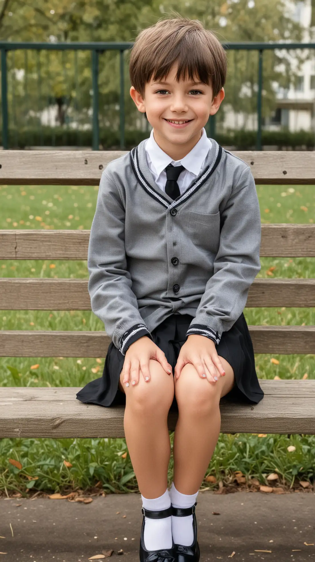 young little boy wear school uniform with a skirt and rblack ballet flats and sitting on a park bench and short hair and smiling