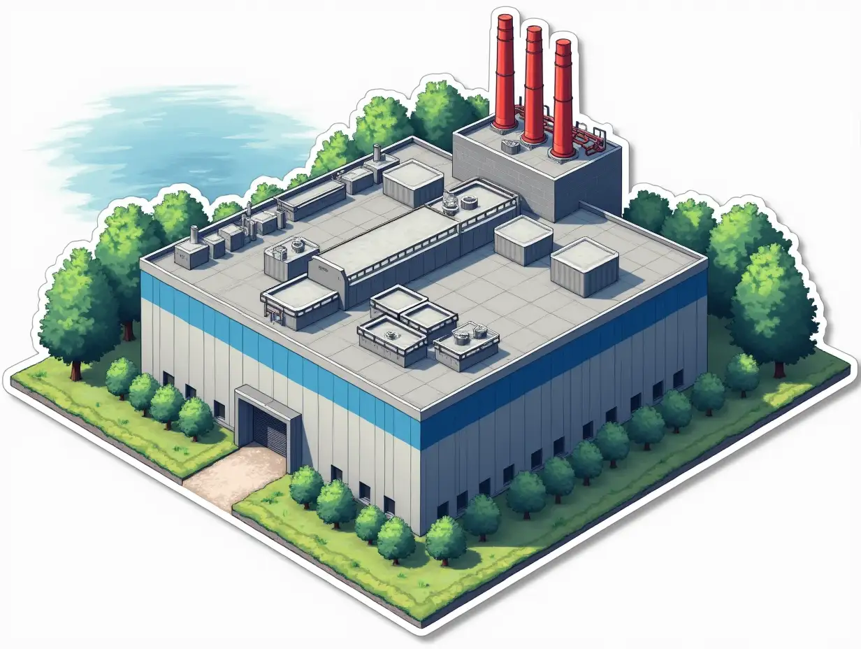 an industrial building with solid walls of gray and gray-blue stripes, a rectangular building with sharp 90-degree angles, occupies most of the frame, around the building there is a forest and a lake in the background, in the distance the red factory boiler pipes. Sticker design - top view, high resolution, vector graphics, white background, anime-style coloring.