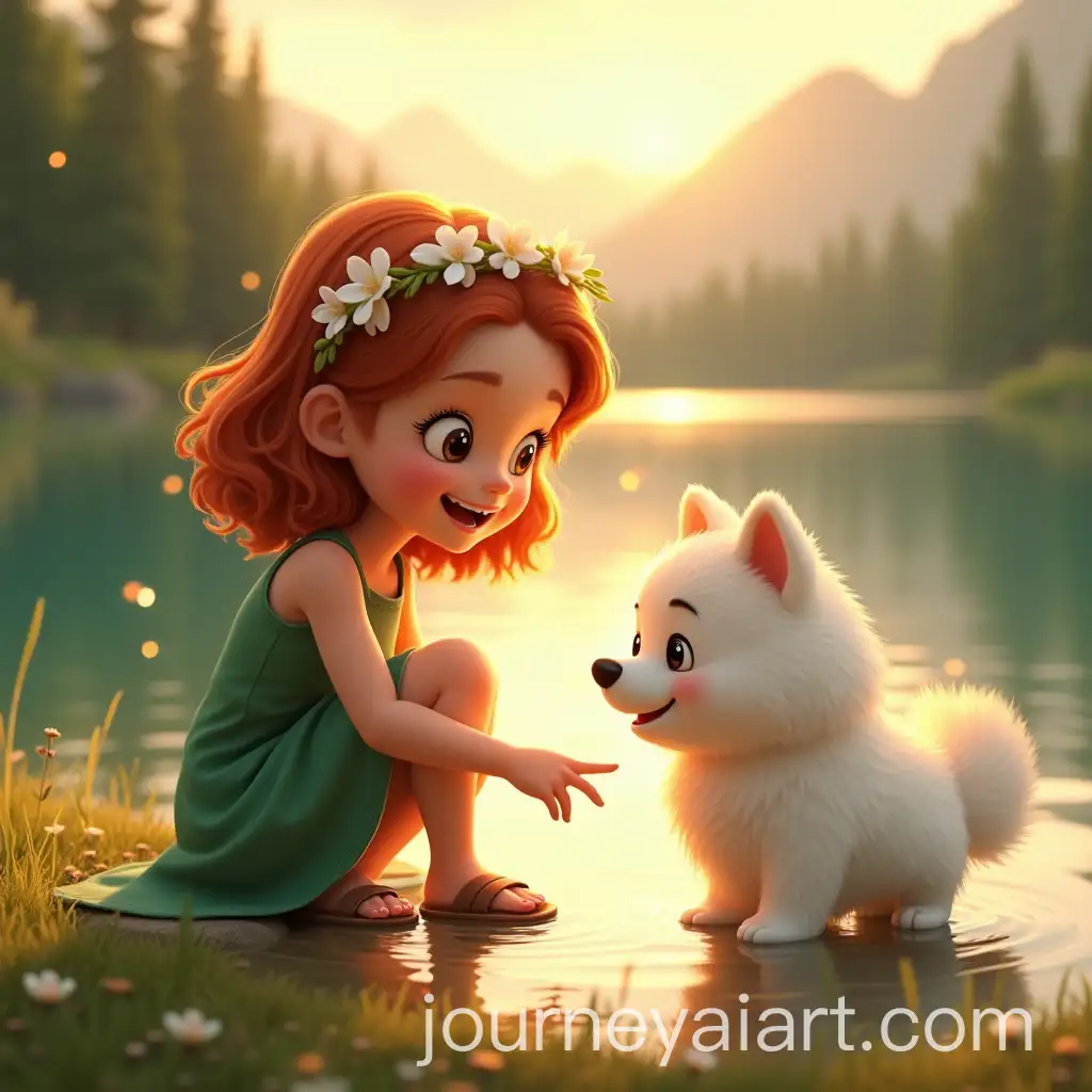 Young-Girl-and-Samoyed-Dog-by-a-Dreamy-Sunset-Lake
