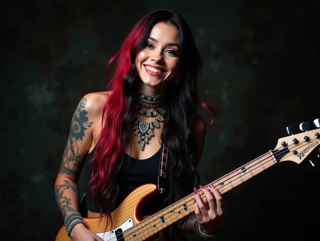 user_prompt: Hyperrealistic representation of a beautiful white woman smiling with -tattoo, futuristic long black-red checkered hair and lace-up boots, playing bass guitar with a sweet look at intricate, colorful and futuristic jewelry. Background blurred, black 120-mm shot