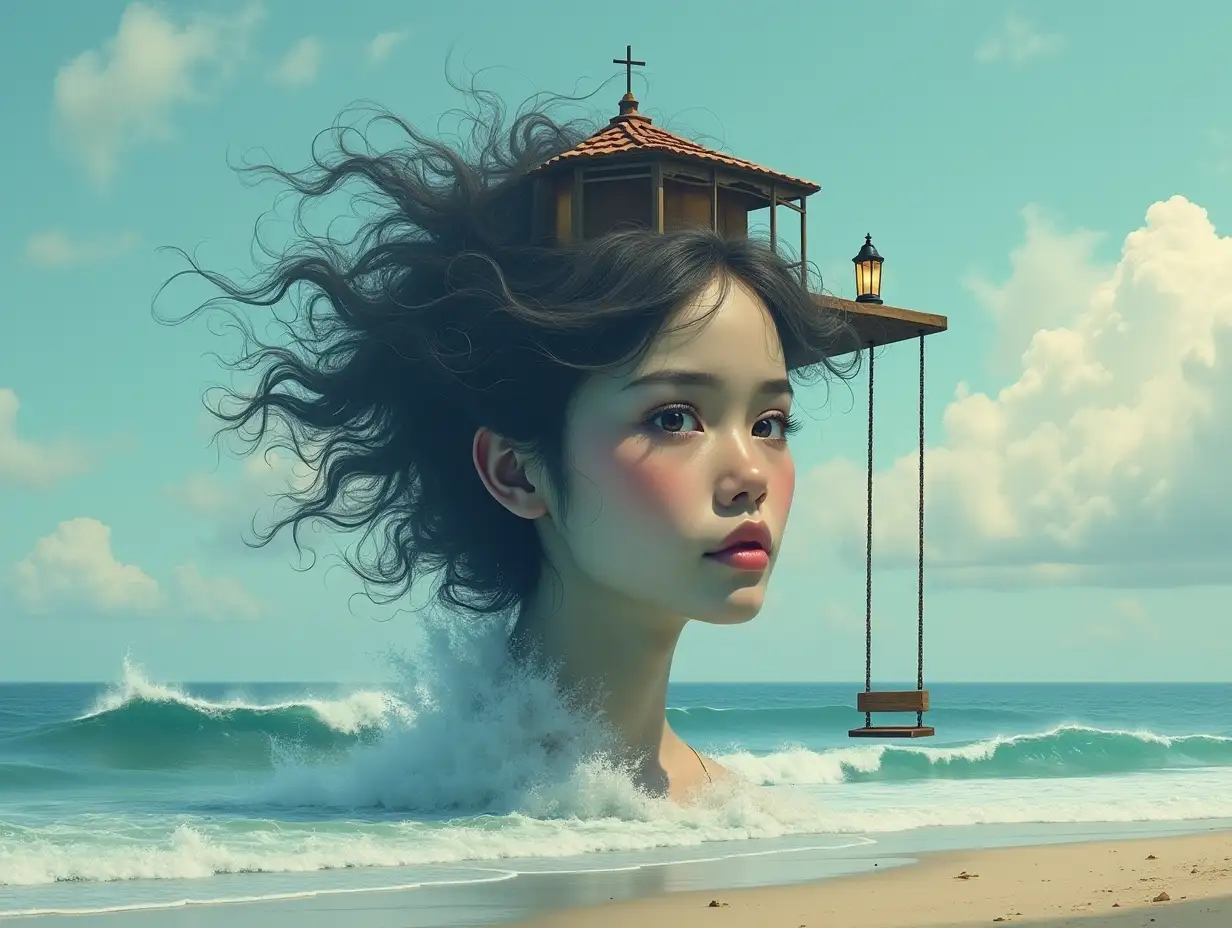 Face with hair transformed into a tall building with a terrace with lantern and hanging swing on the beach with large waves and clouds