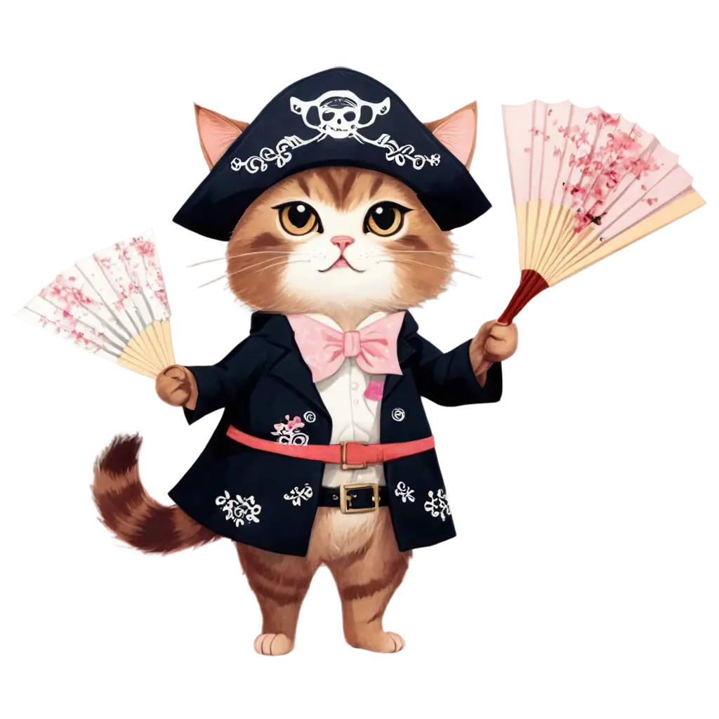 PNG-Image-Usage-ScenariosGraceful-Pirate-Cat-PNG-Image-A-Charming-Character-Under-a-Cherry-Blossom-Tree-with-a-Map-Fan