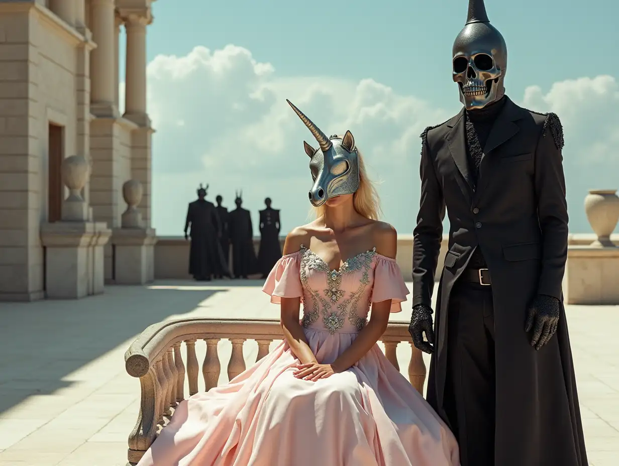 Fantasy-Royal-Terrace-with-Woman-in-Victorian-Dress-and-Unicorn-Helmet