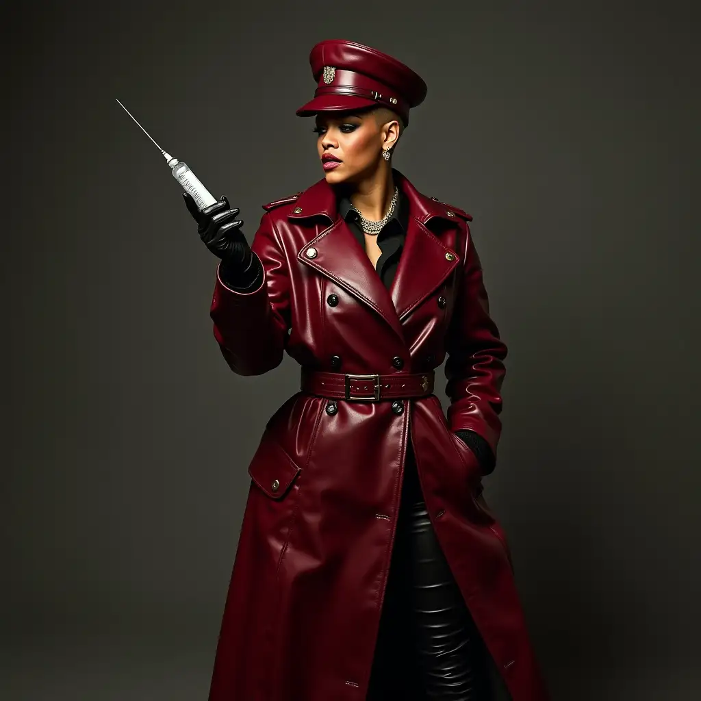 rihanna holding vaccine injection needle out, teasing, , dark red leather trench coat, tall leather boots, shaved head, leather gloves, leather military hat,  angry