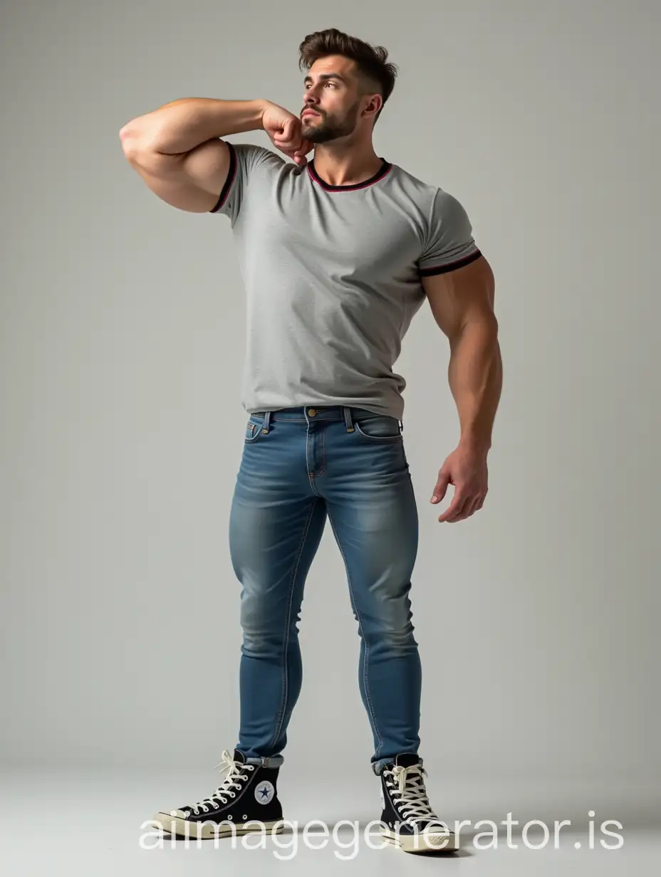 muscular tall young male, long legs, one arm is up flexing bicep flexing his bicep while the other arm is up with has hand on the back of his neck, short brown hair, facial stubble, broad shoulders, wide lats, wearing a heather grey ringer t-shirt, wearing blue jeans, wearing hightop sneakers