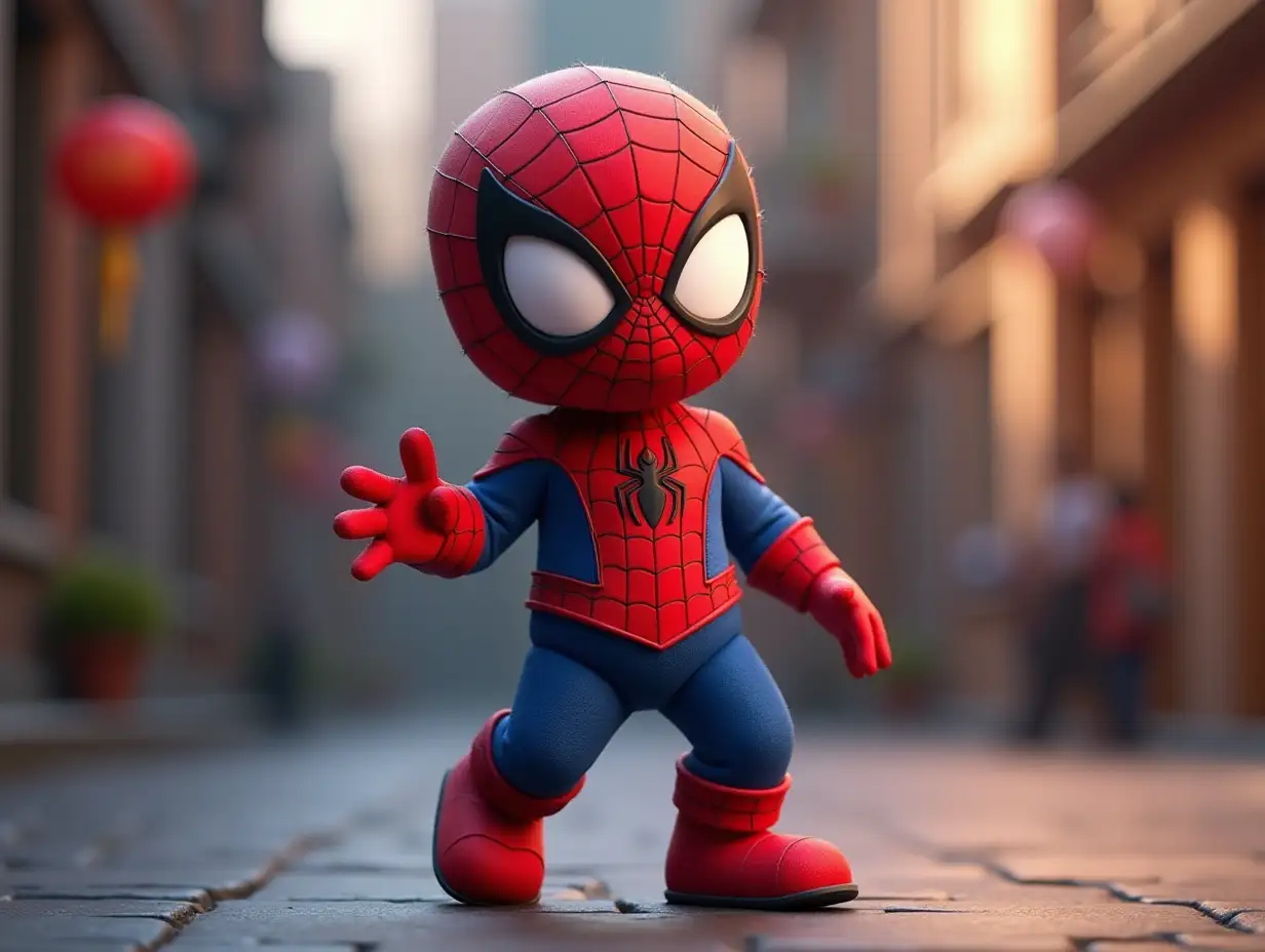 Cute-Spiderman-Doll-Dancing-in-3D-Cartoon-Style-with-Realistic-Atmosphere