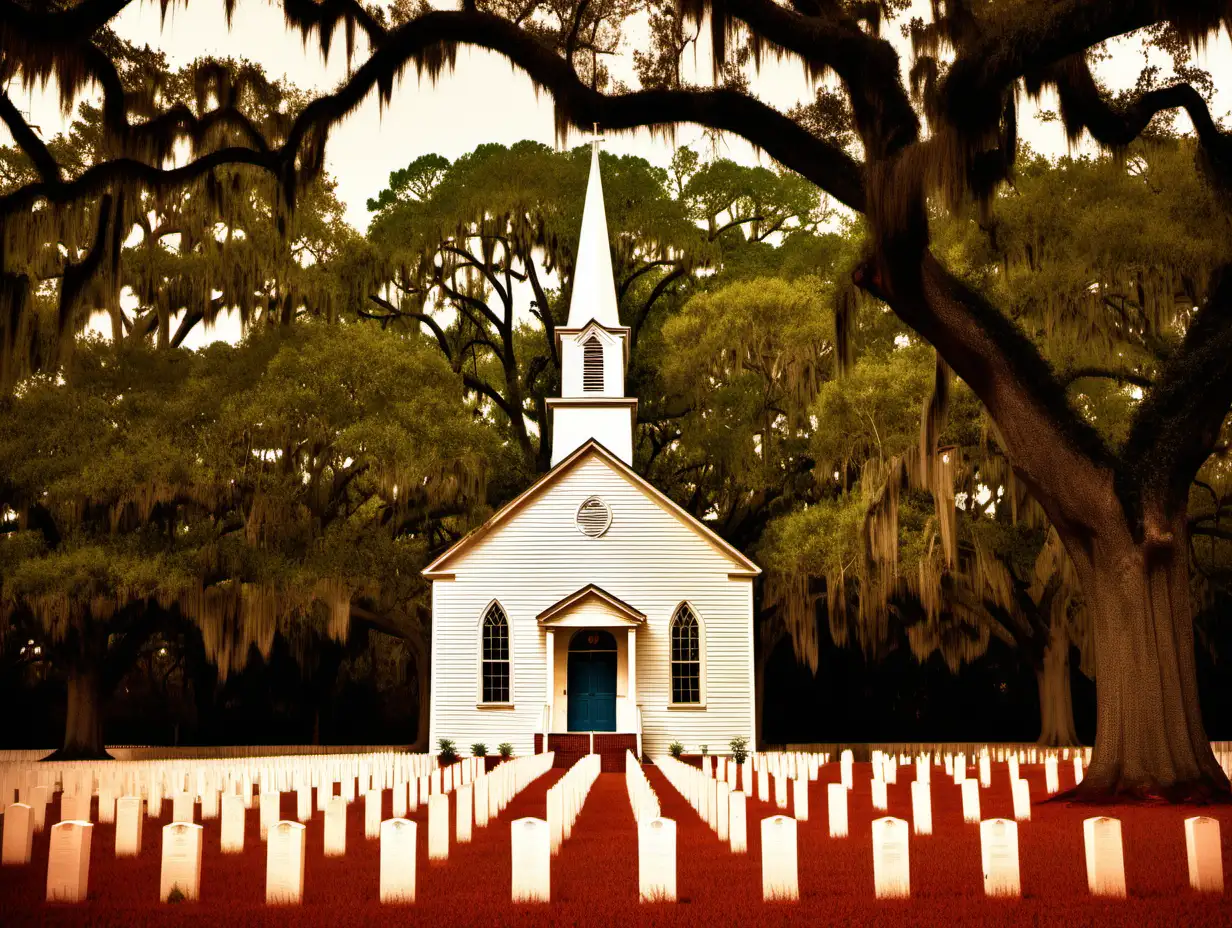 pictorial Photography, 1985, 200 year old United Methodist Church and adjacent grave Yard constructed of brick and white wood siding located in a rural community in the South Carolina Low-Country, tall steeple, landscape features live oaks with Spanish Moss  dramatic lighting, Technicolor processing