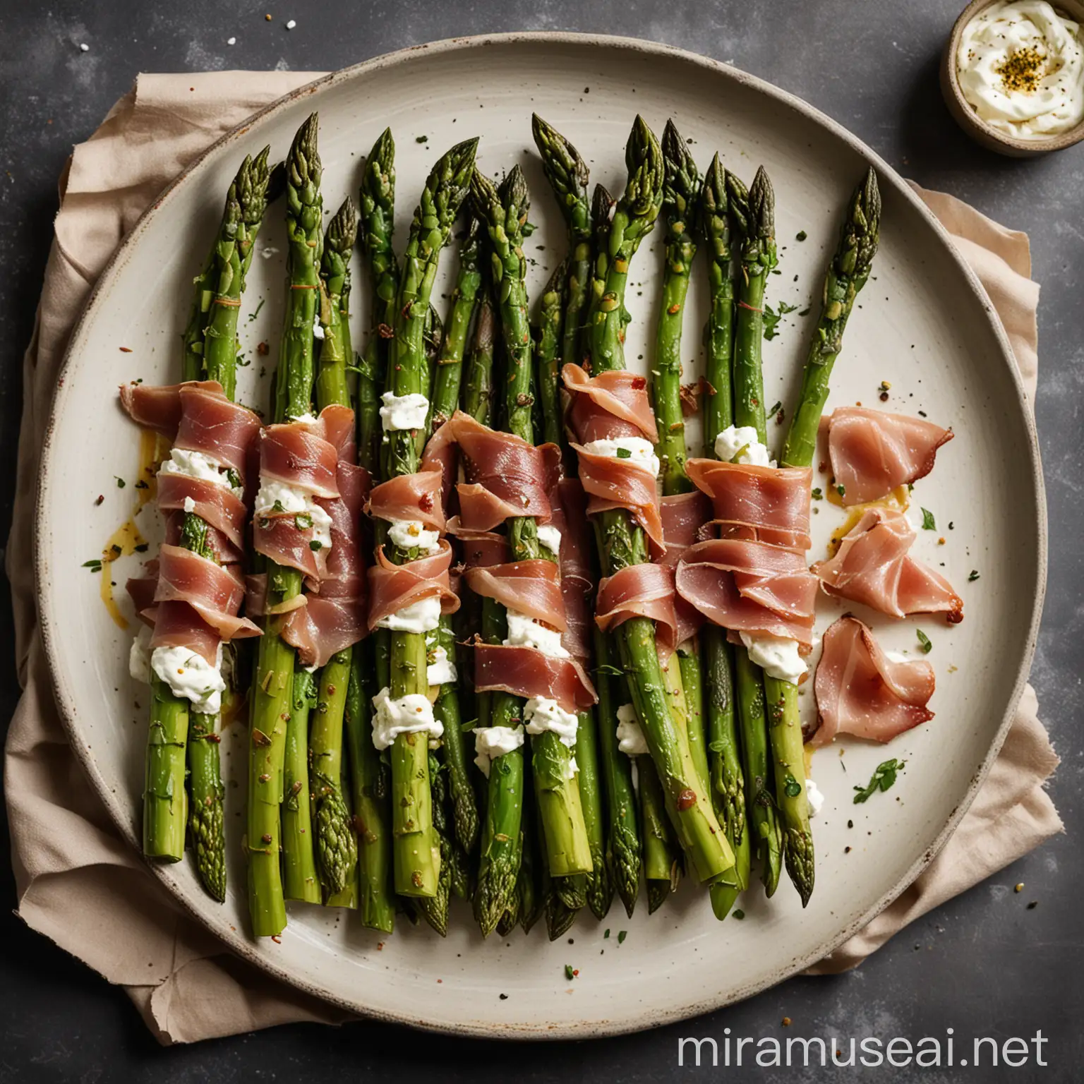 Roasted Asparagus with Whipped Feta and Prosciutto on Grey Background