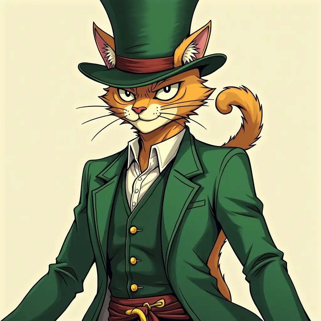 Agile Cat Fighter in Green Attire with Top Hat