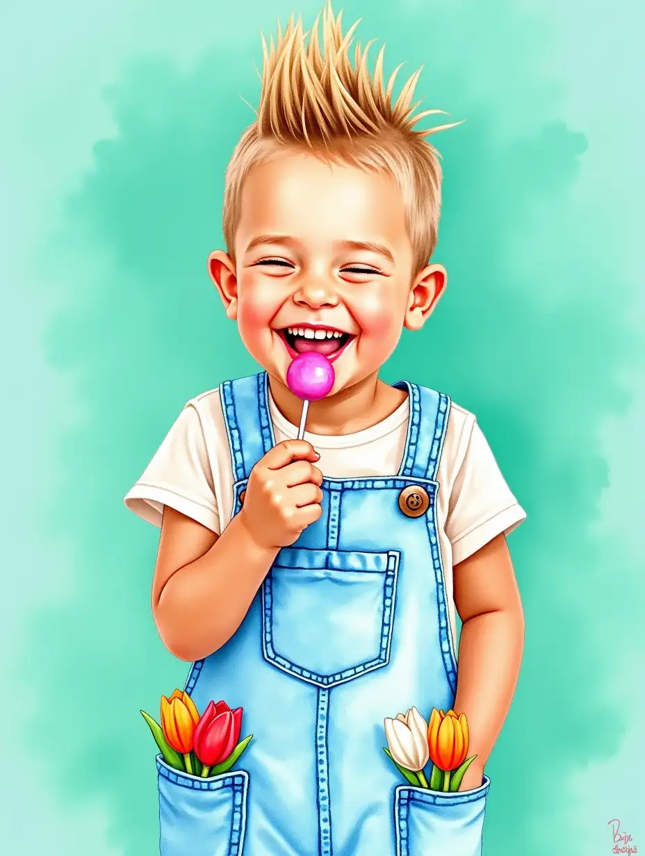 A vibrant watercolor painting of a joyful young child with a playful mohawk hairstyle, wearing light blue denim overalls. The child is happily holding a lollipop, with eyes closed in delight, expressing pure joy. Bright tulips in orange, red, and white are tucked into the pockets of the overalls, adding a splash of color. The background is a rich teal, creating a harmonious and lively atmosphere. The painting should capture the innocence and happiness of childhood with soft, blended brushstrokes and gentle color transitions typical of watercolor art.