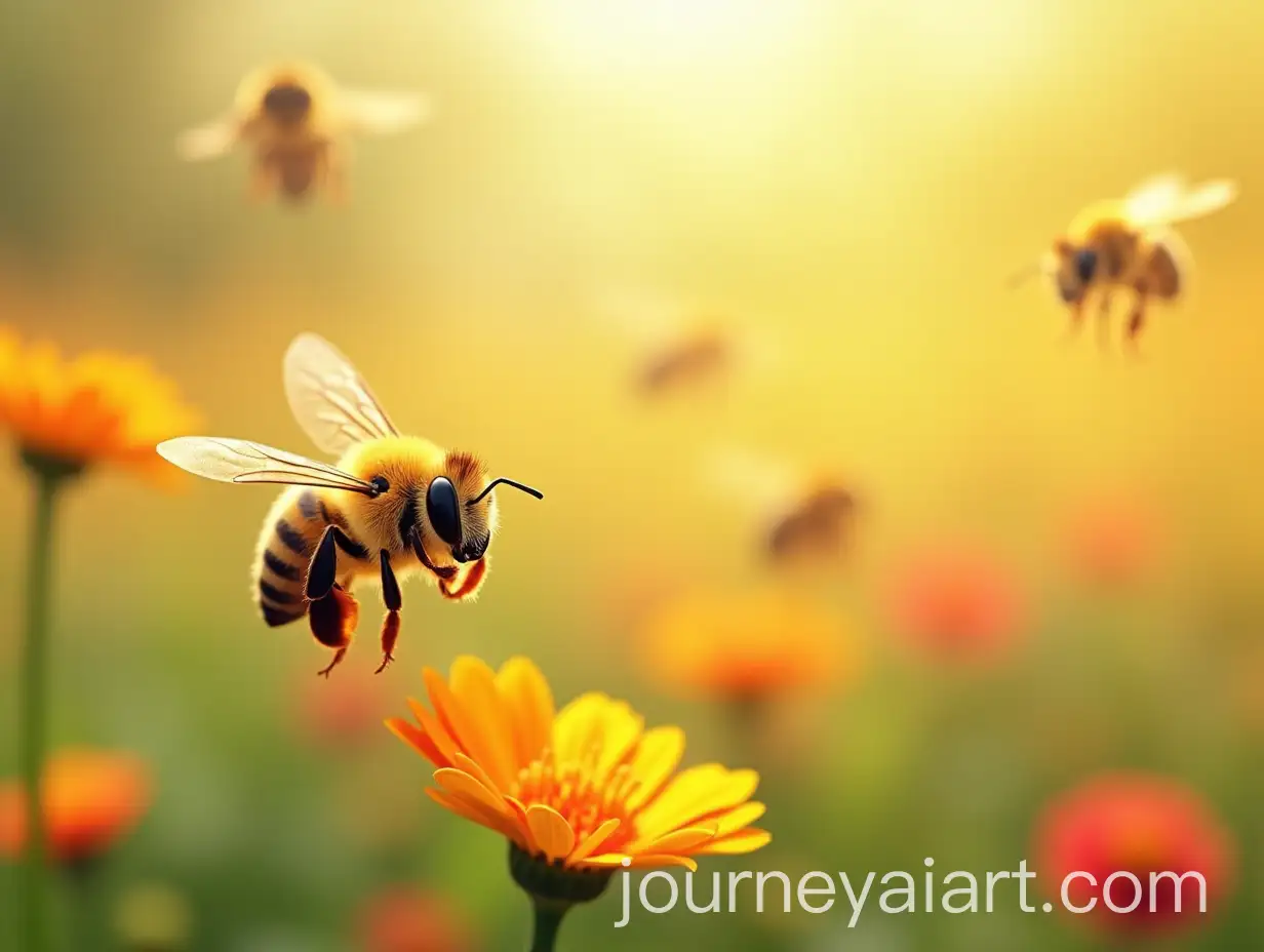 Cheerful-Bee-in-Sunny-Garden-with-Flying-Bees-and-Colorful-Flowers
