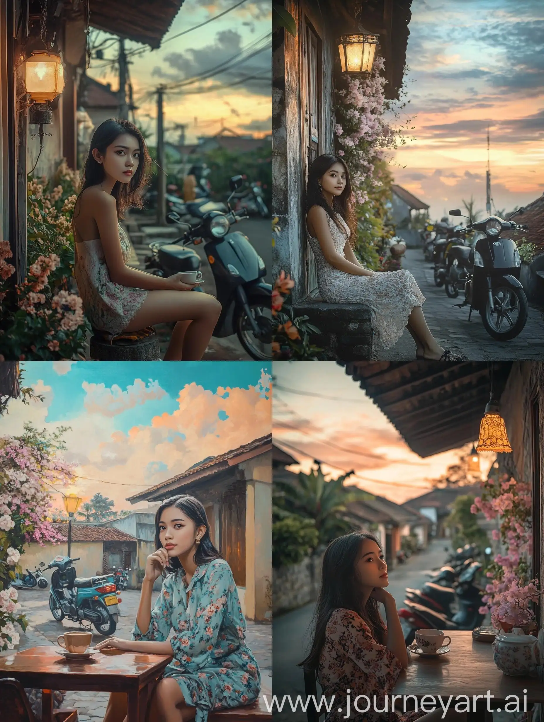 Young-Indonesian-Woman-Enjoying-Coffee-with-Scenic-Outdoor-View-and-Retro-Motorcycles