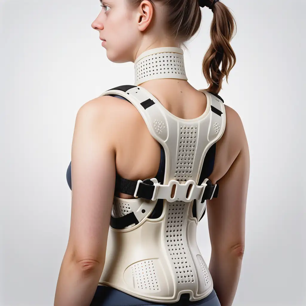 white background, it is in the year 1800, a young woman, small, wears a very strong, tight-fitting orthopedic backbrace, it is a very rigid brace, brace is like a brace from the orthopedic backbrace manufacturer lenz & sons, front side is the view to the brace total, we see two pictures, one picture is the frontside of the brace with the woman, one picture is the backside of the brace with the woman