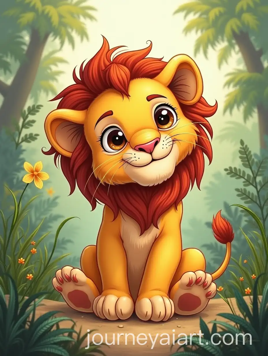 Smiling-Baby-Lion-in-Jungle-Setting-Childrens-Book-Illustration