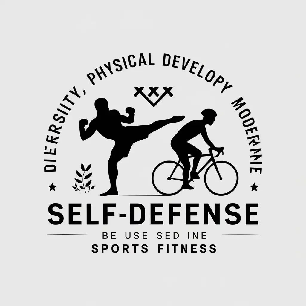 a vector logo design,with the text "Diversity, physical development, self-defense", main symbol:fighter kicking,runner,cyclist,Moderate,be used in Sports Fitness industry,clear background