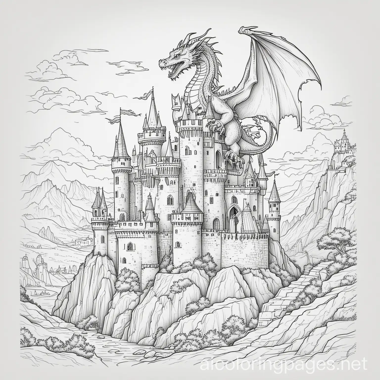 dragon on a castel, Coloring Page, black and white, line art, white background, Simplicity, Ample White Space. The background of the coloring page is plain white to make it easy for young children to color within the lines. The outlines of all the subjects are easy to distinguish, making it simple for kids to color without too much difficulty