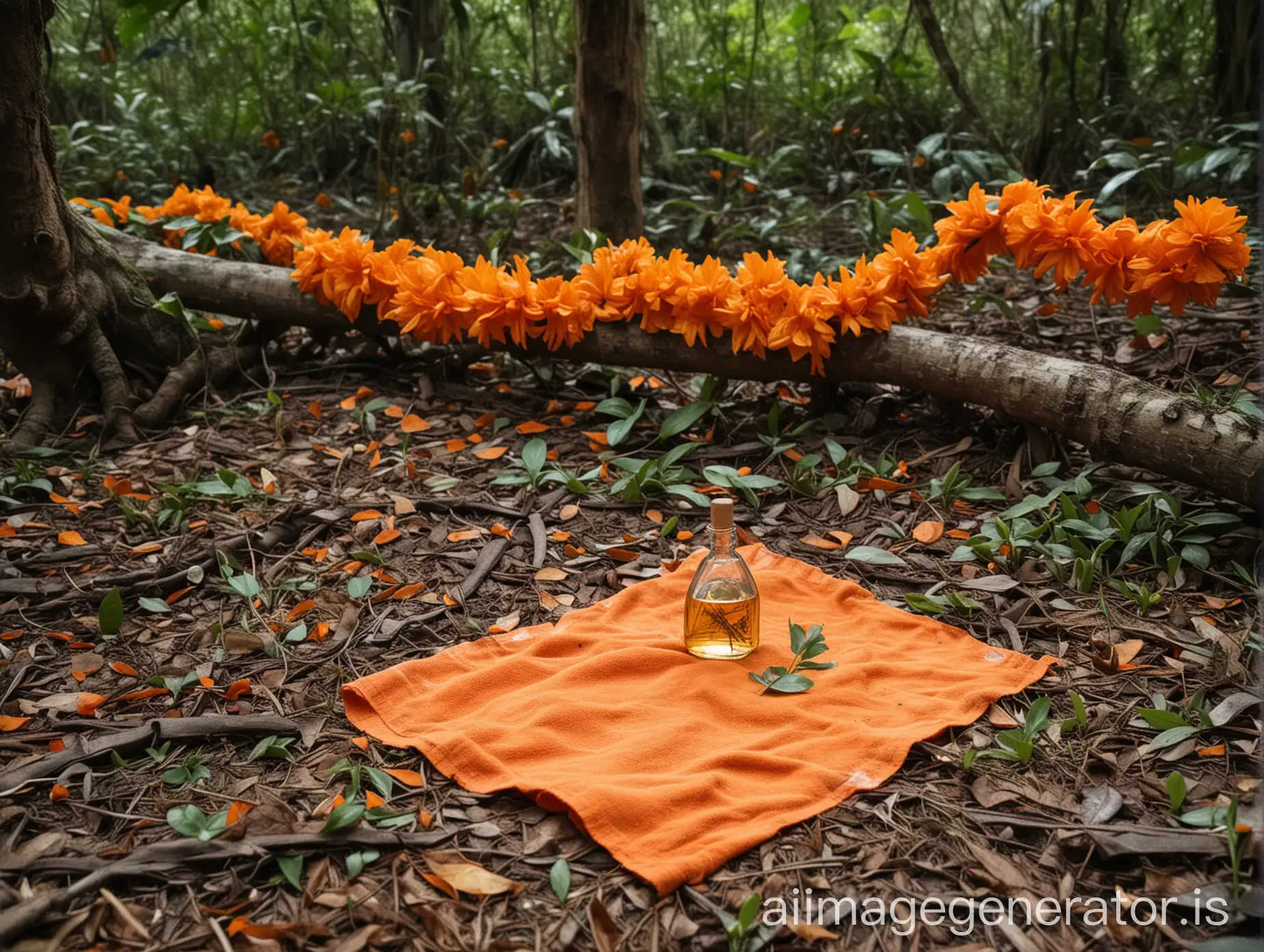 Tropical-Jungle-Scene-with-Oil-Bottle-Ripped-Towel-and-Flower-Garland