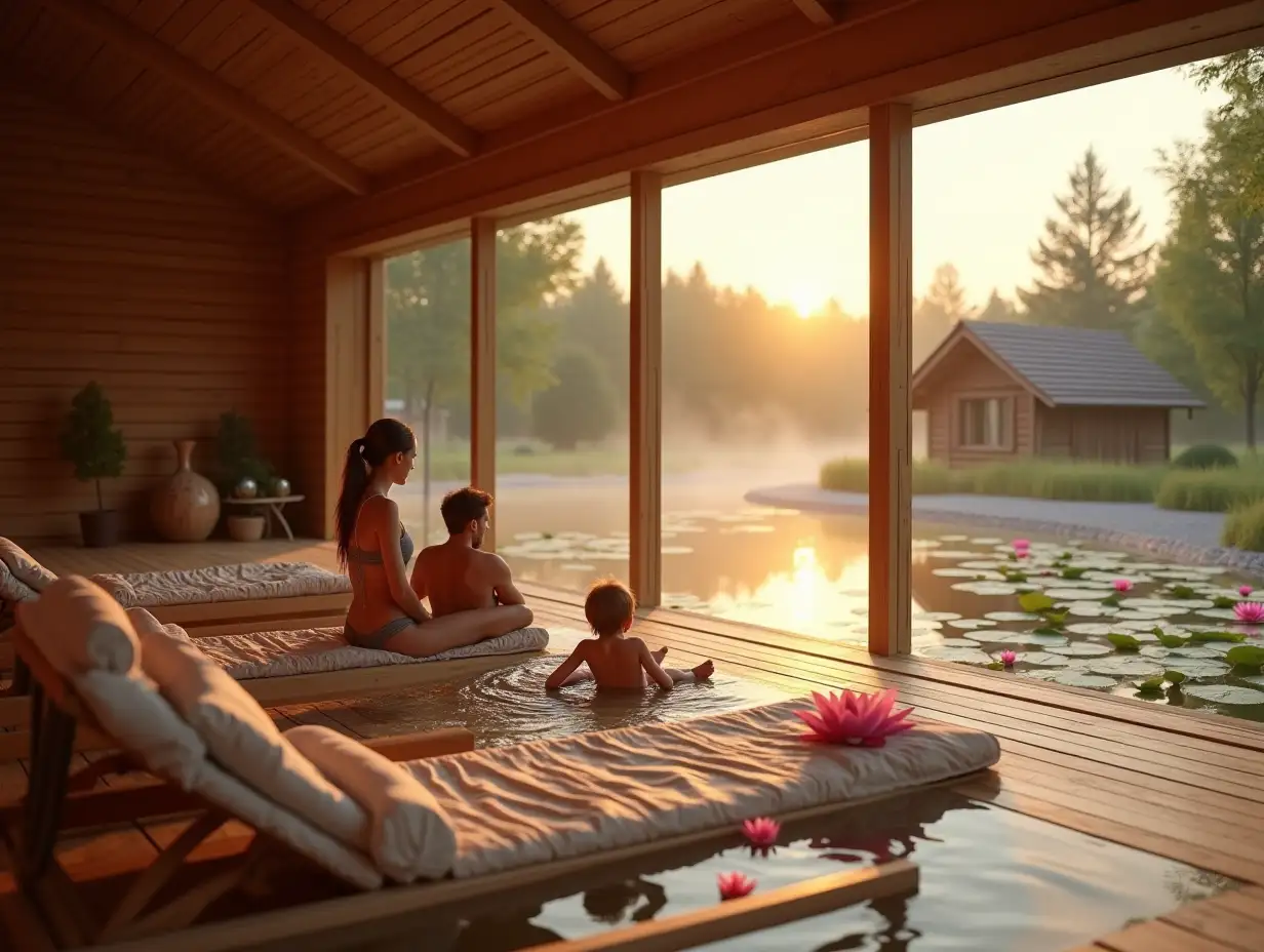 a cheerful family of a man and a woman and their little child inside a Russian wooden bathhouse with brooms for a steam room, and they are steaming on wooden sun beds inside the bathhouse around them it is dry and there is no pool, but only wooden platforms and steam is coming, and one of the walls of the bathhouse is behind this large single panoramic window, and outside the window there is a huge eco-pond with a large number of pink lily pads and the pond has natural gently sloping grassy banks, similar to wild ponds, on the other shore there are only 3 small one-story chalet houses located away from the pond shore., these houses have the appearance of a single-storey chalet with a gable tiled roof, each roof slope is smooth without bending, these chalet houses are built from a system of wooden beams consisting only of vertical wooden beams, and only in the half-timbered style and between the glass beams the glass walls are panoramic windows in all walls from floor to roof, that is, each wall It is a panoramic window, at sunset and in the reflections of sunset light, the foreground view is in focus, and the background is blurred, realistic