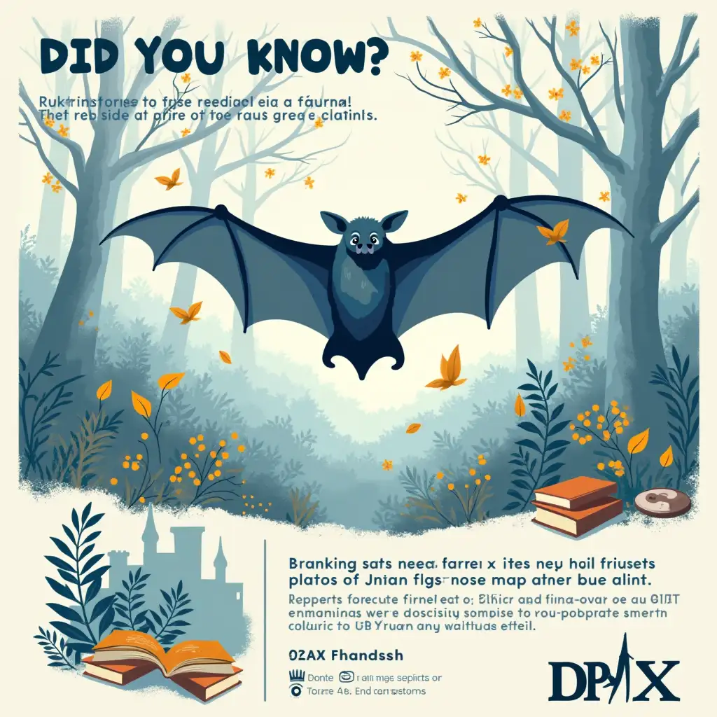 impressionism, pointillism, cubism, forest, fern, flowers, abstract art, countryside, flowering trees, autumn, Loire Valley castle, A modern and realistic infographic for DPAX Empowerment Foundation. The design should feature a detailed and lifelike illustration of a bat in mid-flight with subtle educational elements like books or learning icons in the background. The text should state: 'Boost Your Knowledge! DID YOU KNOW? ❓ Bats are the only mammals capable of flight. Their leg bones are so thin that they cannot walk.' The primary brand color, light blue, should be integrated into the design for consistency. The layout should be sleek, visually engaging, and educational, suitable for social media sharing. The image should be real picture of a bat. The graphics should be realistic and modern.The text should be clear, readable and lacking  errors