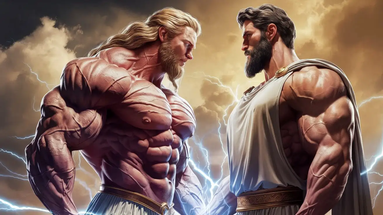 Hugely ripped, super pumped muscle man with long blond hair stands humbly face to face with Hercules on Olympus, reverently receiving luminous blue electricity and superpower, becoming a mighty superhero. 24 years old. Photorealistic.