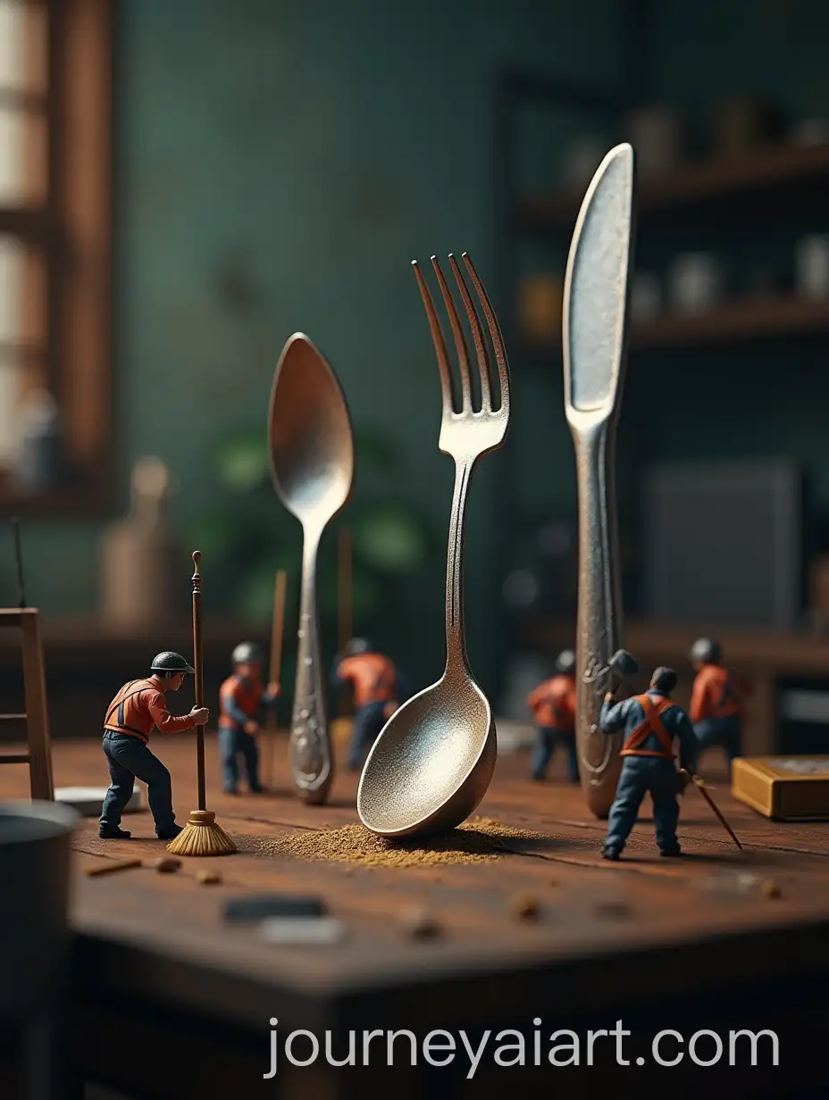 Tiny-Workers-Polishing-Giant-Fork-Spoon-and-Knife-in-UltraRealistic-Photography