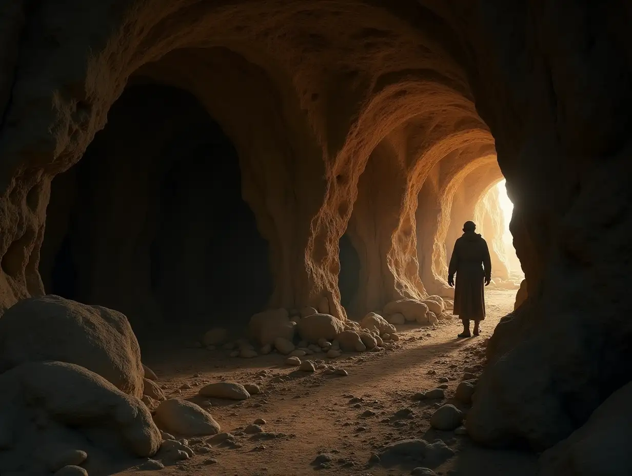 a woman and a man returning to the old age living in a cave