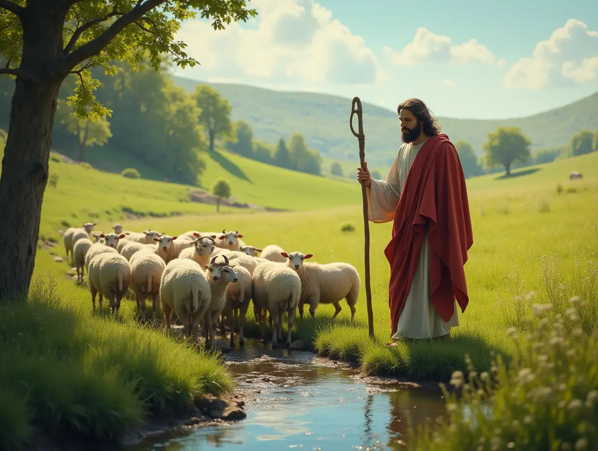 Biblical scene of Jesus holding a staff shepherding sheep in a green lushy field with a stream alongside