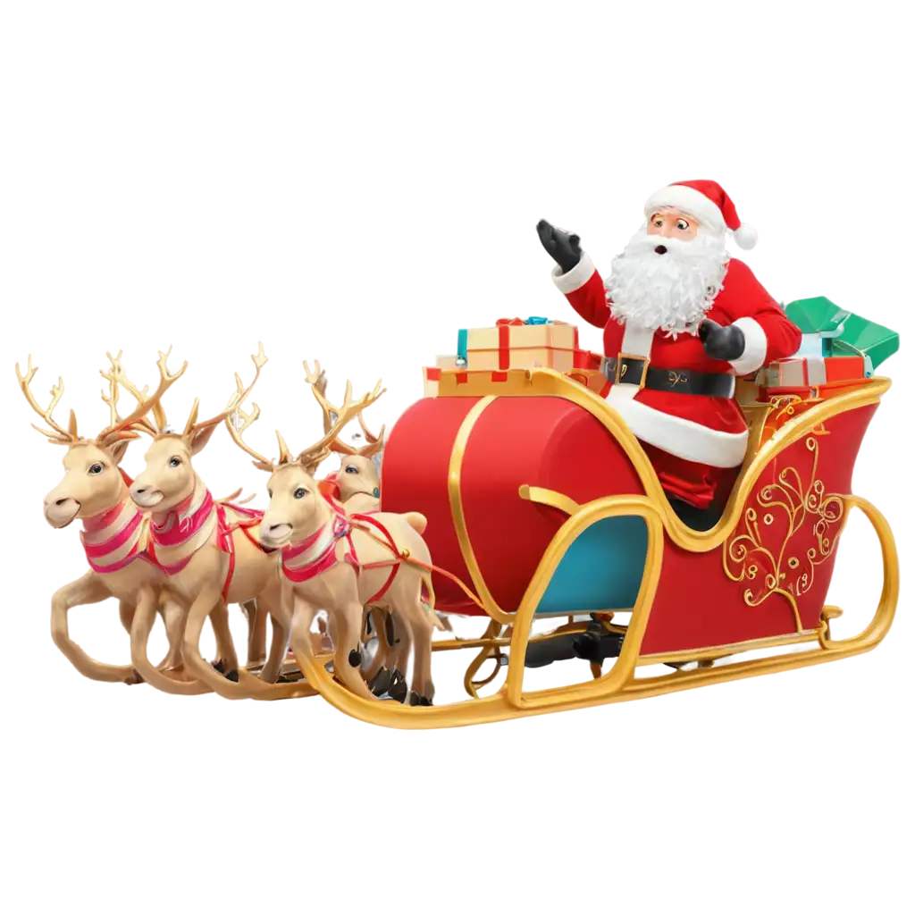 An image of Santa Claus sitting in his red and golden sleigh, filled with colorful presents. The sleigh is being pulled by eight reindeer flying in the sky. Santa is dropping a few gifts from his hand, which are wrapped with colorful ribbons. The background should be transparent