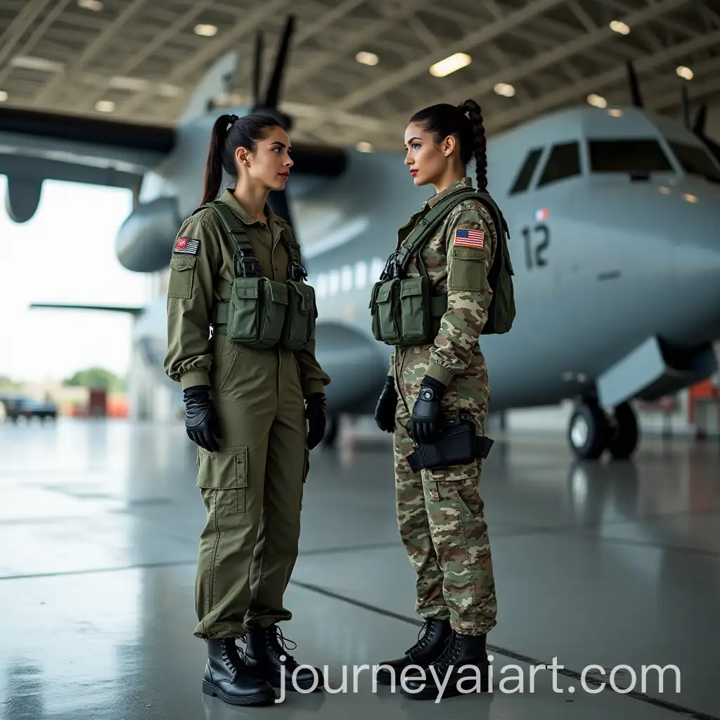 Military-Female-Pilot-and-Navigator-in-Camouflage-Uniform-by-Large-Turboprop-Aircraft