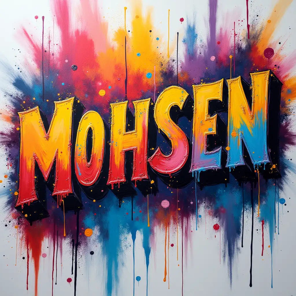 Typography 'MOHSEN' Acrylic Paint.Colorful.8k. Ultra high definition.The creator's signature, 'mohsen abdallah', is placed at thebottom right corner, perfectly readable