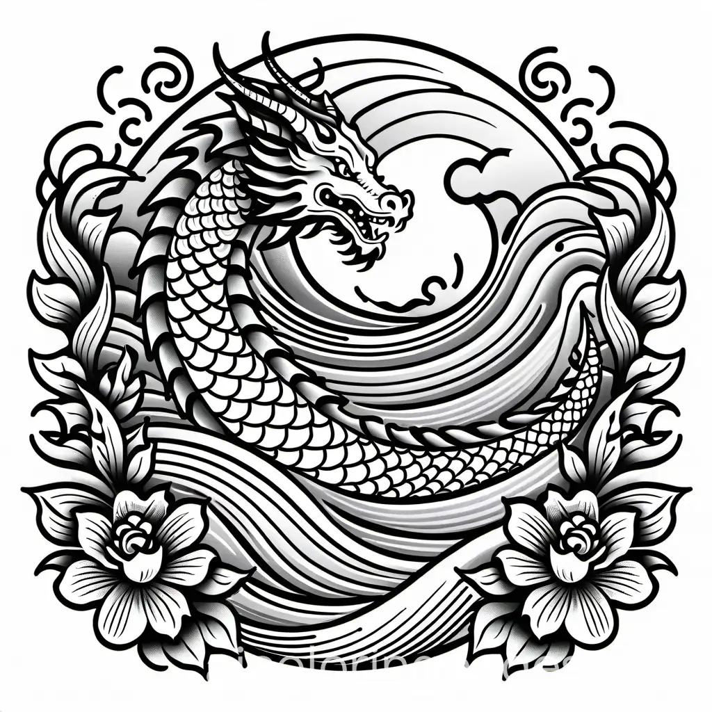 TattooInspired-Coloring-Page-Featuring-Flowers-Waves-and-a-Dragon