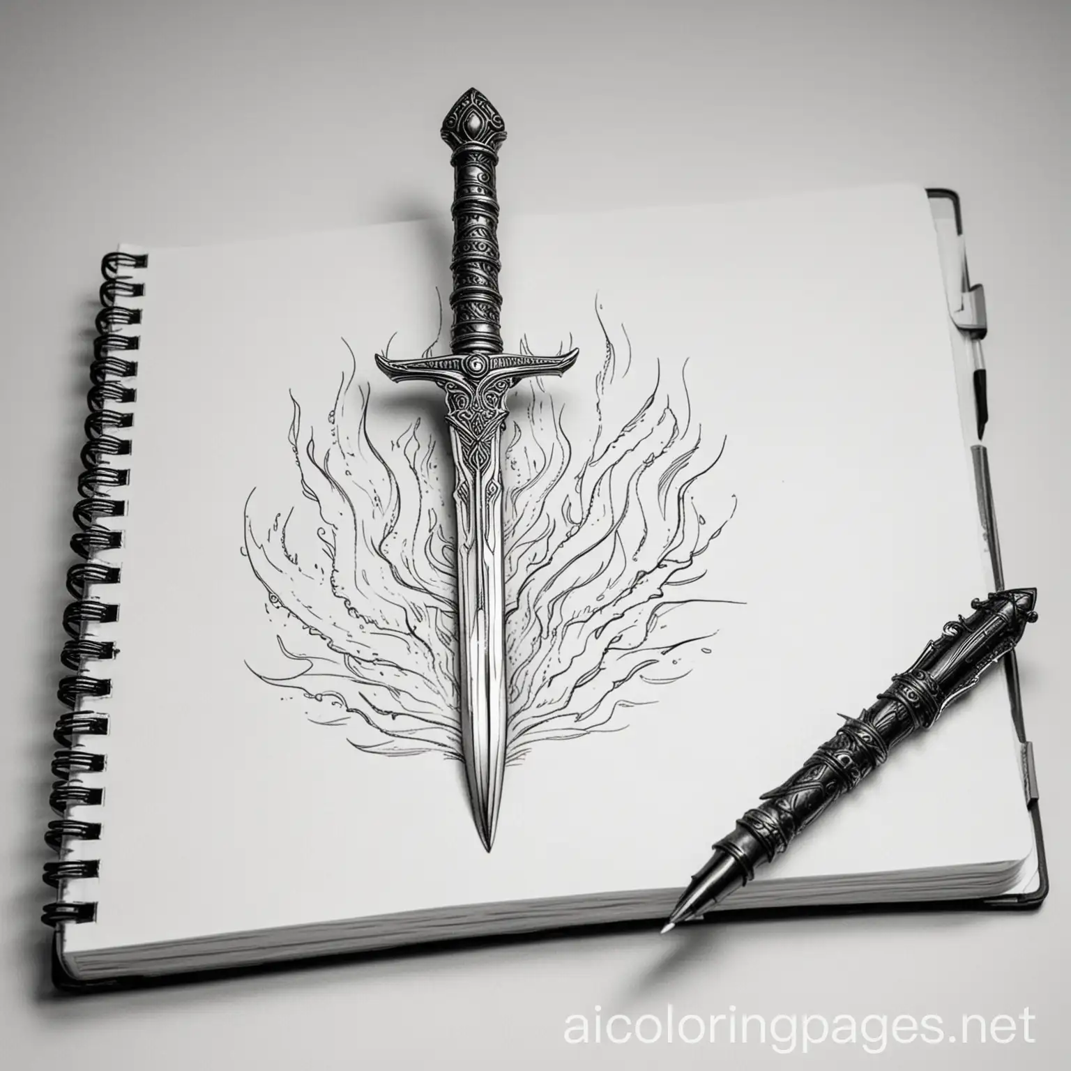 flaming pen and sword in front of a notebook, Coloring Page, black and white, line art, white background, Simplicity, Ample White Space. The background of the coloring page is plain white to make it easy for young children to color within the lines. The outlines of all the subjects are easy to distinguish, making it simple for kids to color without too much difficulty