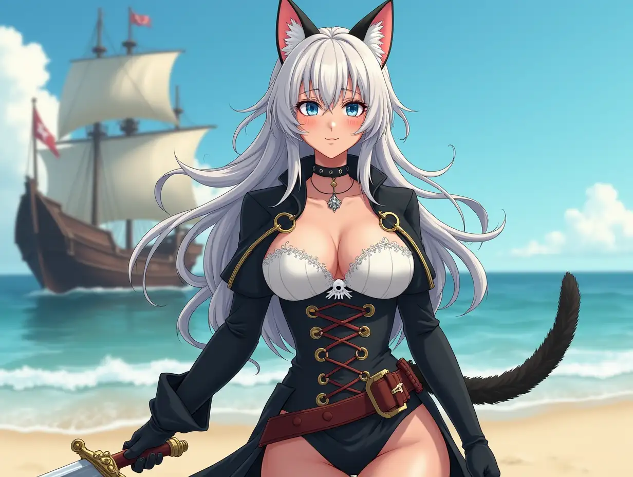 A mature adult feline/woman dressed as a pirate with a sword on a beach.  A pirate ship in the background. Her 30-something years are disguised by her youthful facial features, except for her subtle wrinkles around the eyes, extremely slender body. Her ample bosom strains against her clothing, threatening to burst free from the fabric, extreme cleavage.  Wearing black thigh high pirate boots. She has piercing blue cat eyes. A choker adorns her neck, a subtle hint at her feline nature. Her long, white hair cascades down her back like a wild waterfall, tangled and disheveled. Her cat-like teeth glint in the light, as her white fur-lined ears punctuate her visage with sparkling black and gold earring adorns each ear, adding a touch of elegance to her feline features. Cat whiskers on her face. The attached tail at the base of her spine stirs lazily.  Long fingernails. Full body view. Anime.