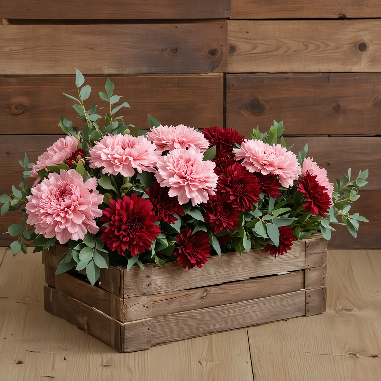 Fall-Centerpiece-with-Burgundy-Mums-and-Eucalyptus-Leaves