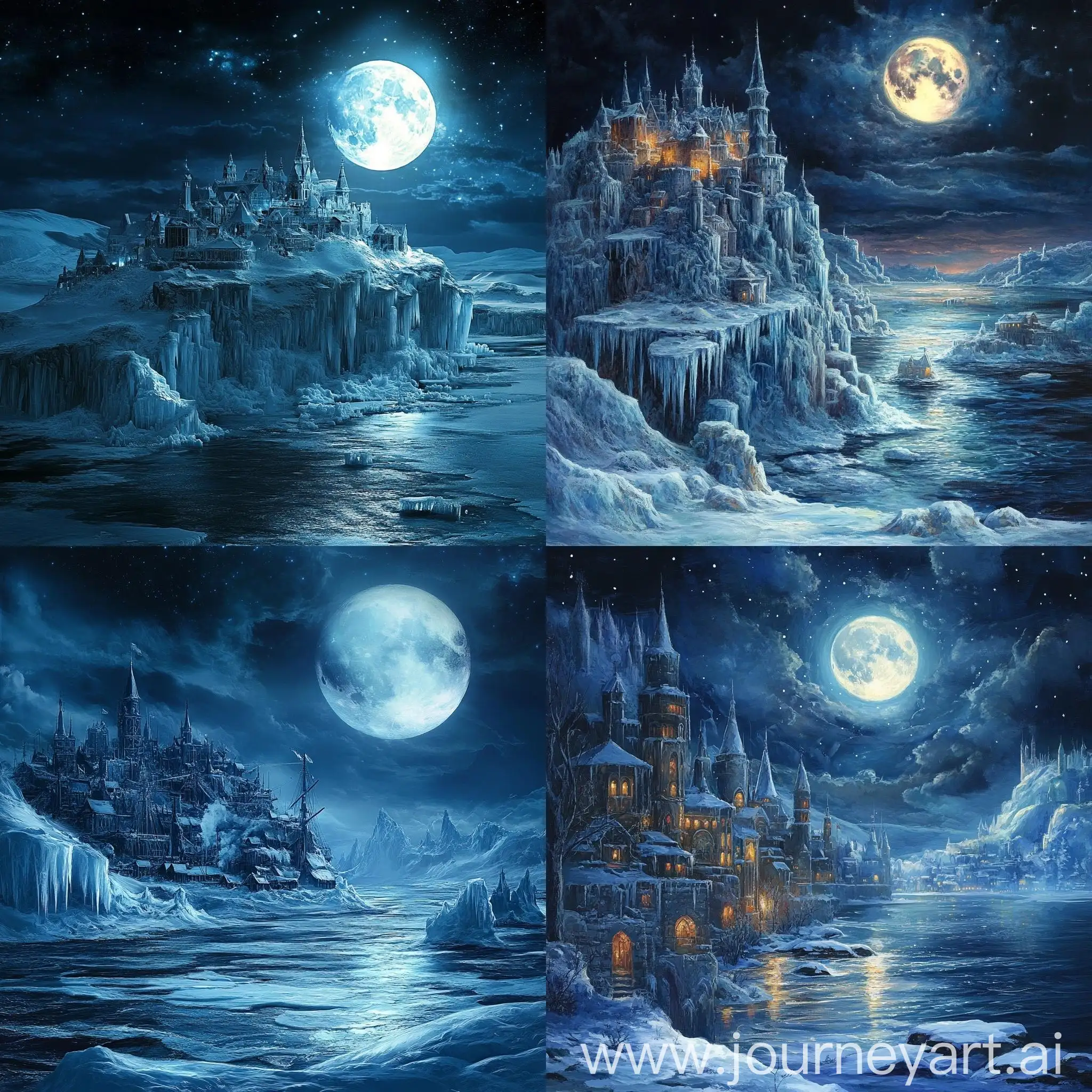 Night-Scene-of-Ice-Town-on-Open-Sea-under-Moonlight