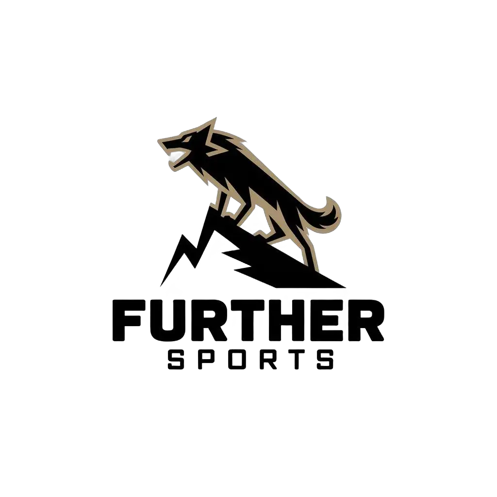 a vector logo design,with the text "Further Sports", main symbol:Black gold, wolf element, mountain climbing, agile, simple,Minimalistic,be used in Sports Fitness industry,clear background