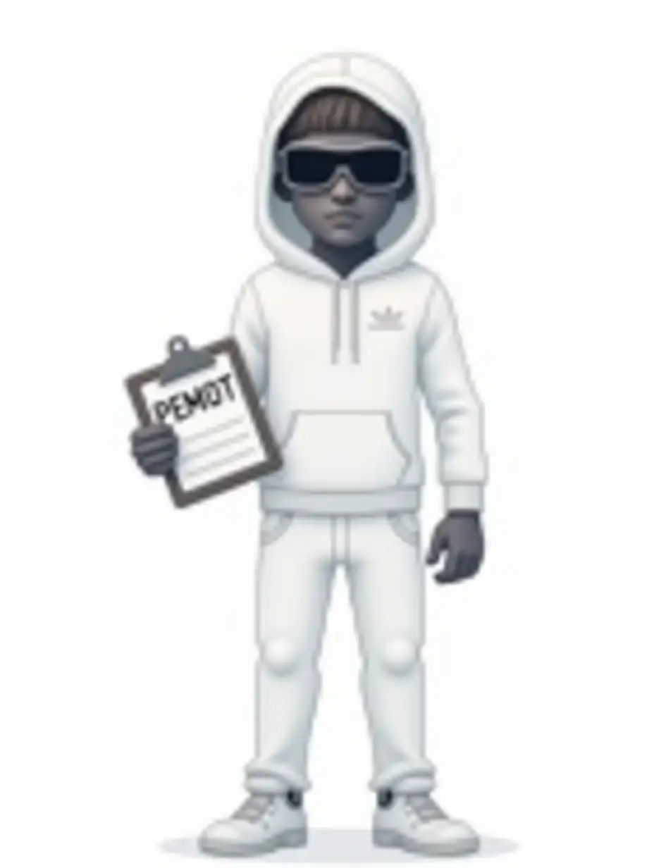 simple vector art, isolated on white bg, computer hacker wearing a white sport wear and holding a small clipboard, character asset, clip art - The text on the clipboard says 'PEMOHT'