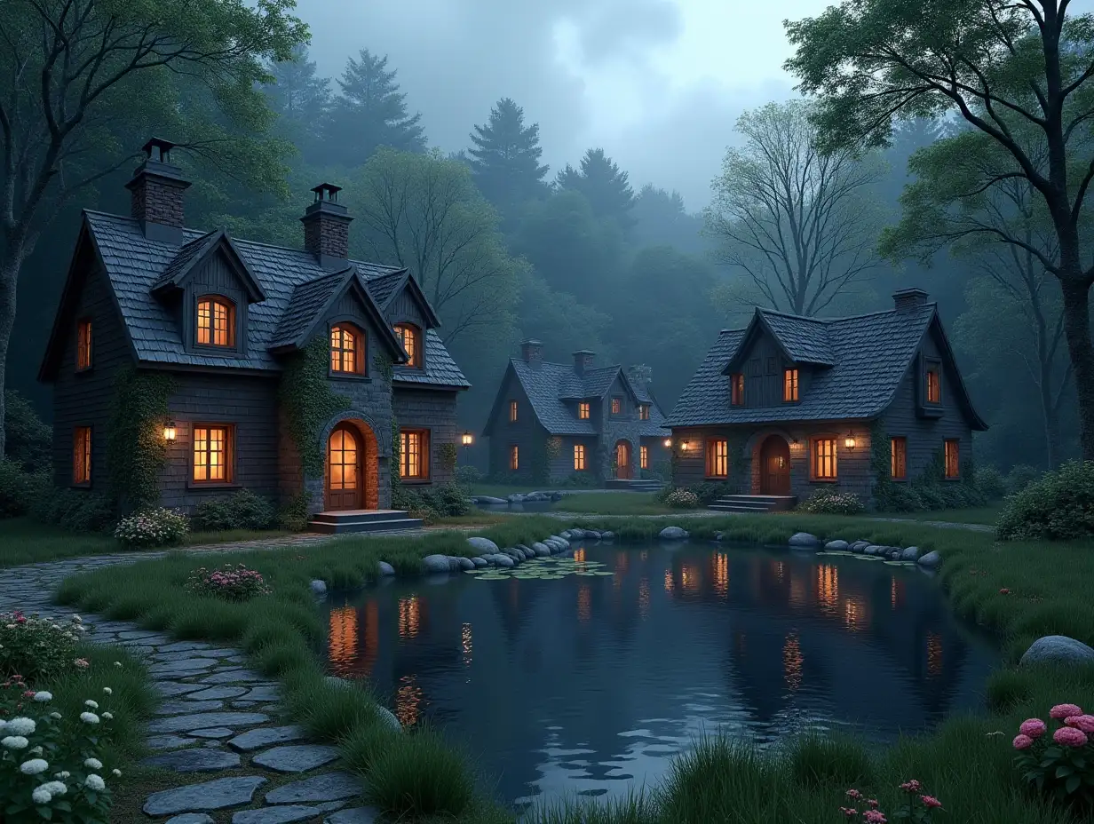 several dreamy old lit houses 8k resolution with many trees in the background and a path to the water in front of a pond with many flowers 3d