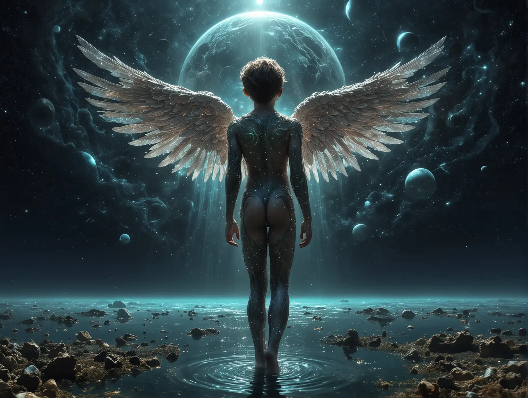 RGB Art Paragraph, Extraterrestrial Zodiac, Space, Sky, Stars, Double Exploitation, Singularity Edge, Boy, Full Length, Underwater, In Students Style, Angel Boy, Angel Boy, High Detail, HDR+, Fantasy