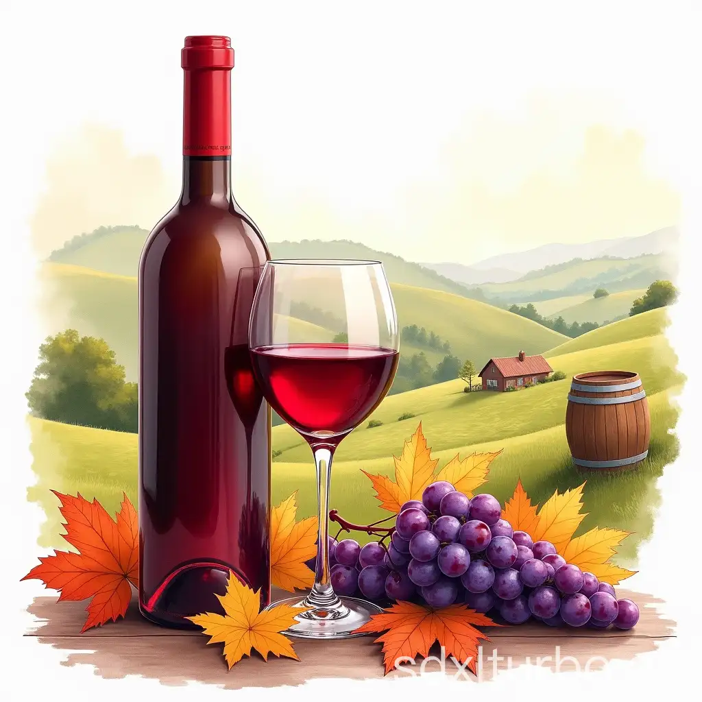 red wine bottle, wine glass filled with red wine, grapes bunches, autumn leaves, countryside landscape with rolling hills, pastoral scenery, rustic wooden barrel, watercolor painting style