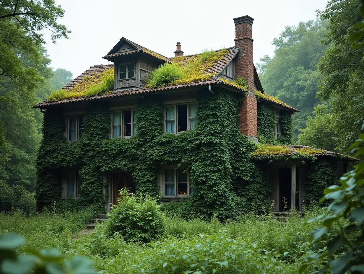 Building completely overgrown with plants