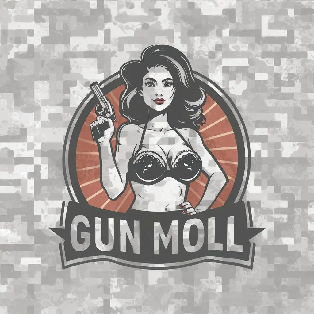 a vector logo design,with the text "Gun moll", main symbol:young very beautiful girl with very large bra in bikini with revolver in her hand,Moderate,clear background