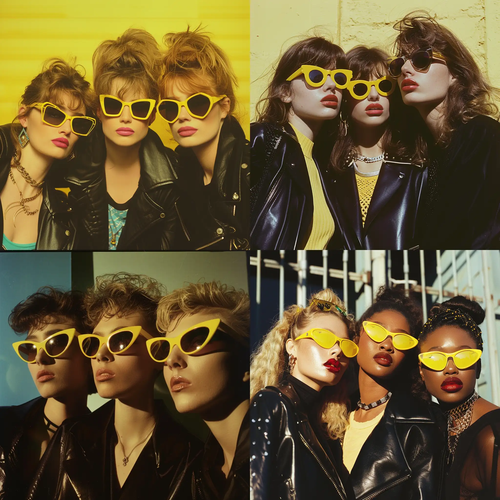 Three-Women-in-VHS-Style-with-Yellow-Sunglasses-and-Black-Jackets