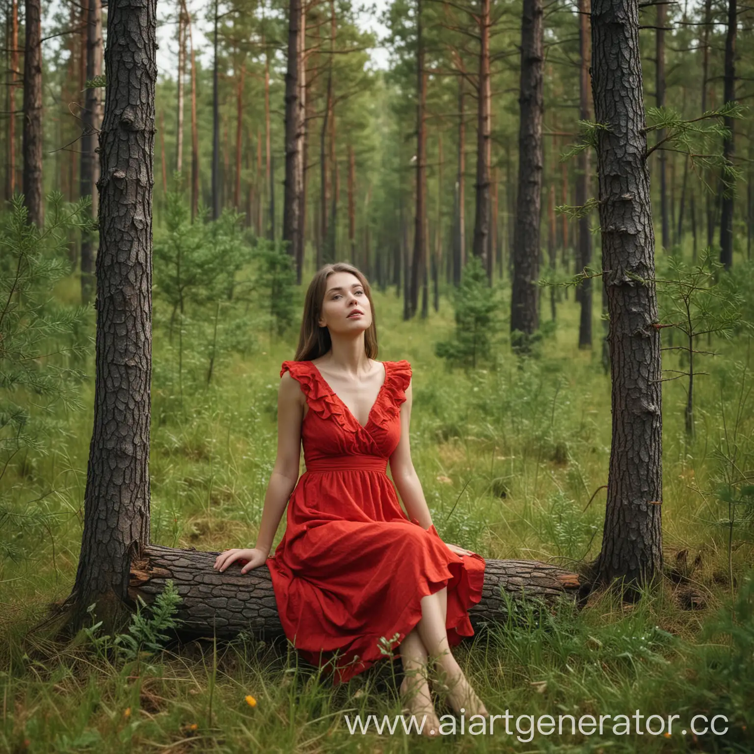 Beautiful-Woman-in-Red-Dress-Sitting-in-Summer-Forest-Clearing