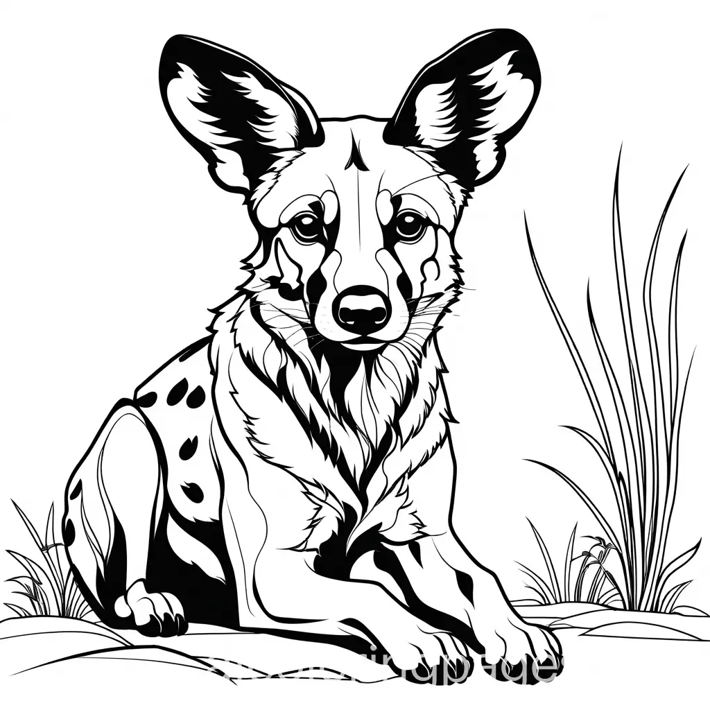 african wild dog, Coloring Page, black and white, line art, white background, Simplicity, Ample White Space. The background of the coloring page is plain white to make it easy for young children to color within the lines. The outlines of all the subjects are easy to distinguish, making it simple for kids to color without too much difficulty