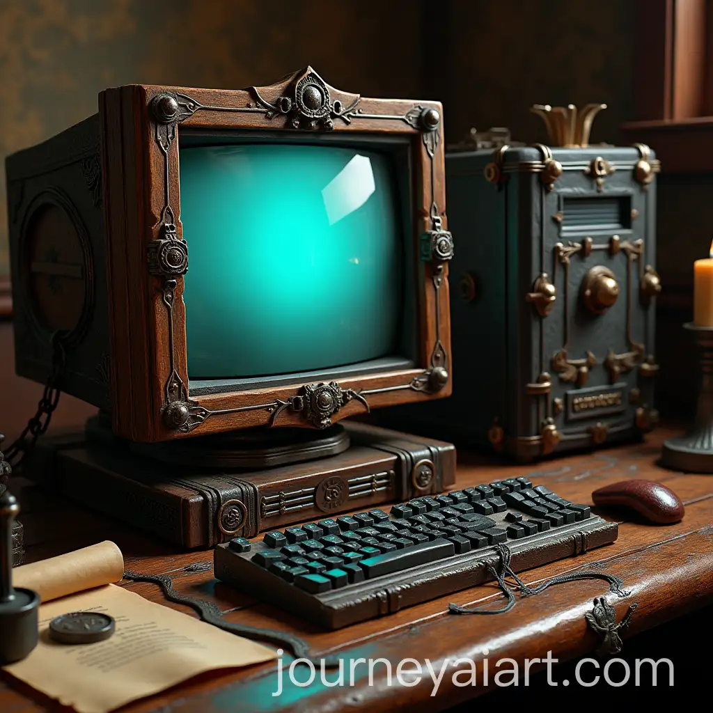 Medieval-Fantasy-Retro-Computer-Setup-with-Wooden-CRT-Monitor-and-Iron-Tower
